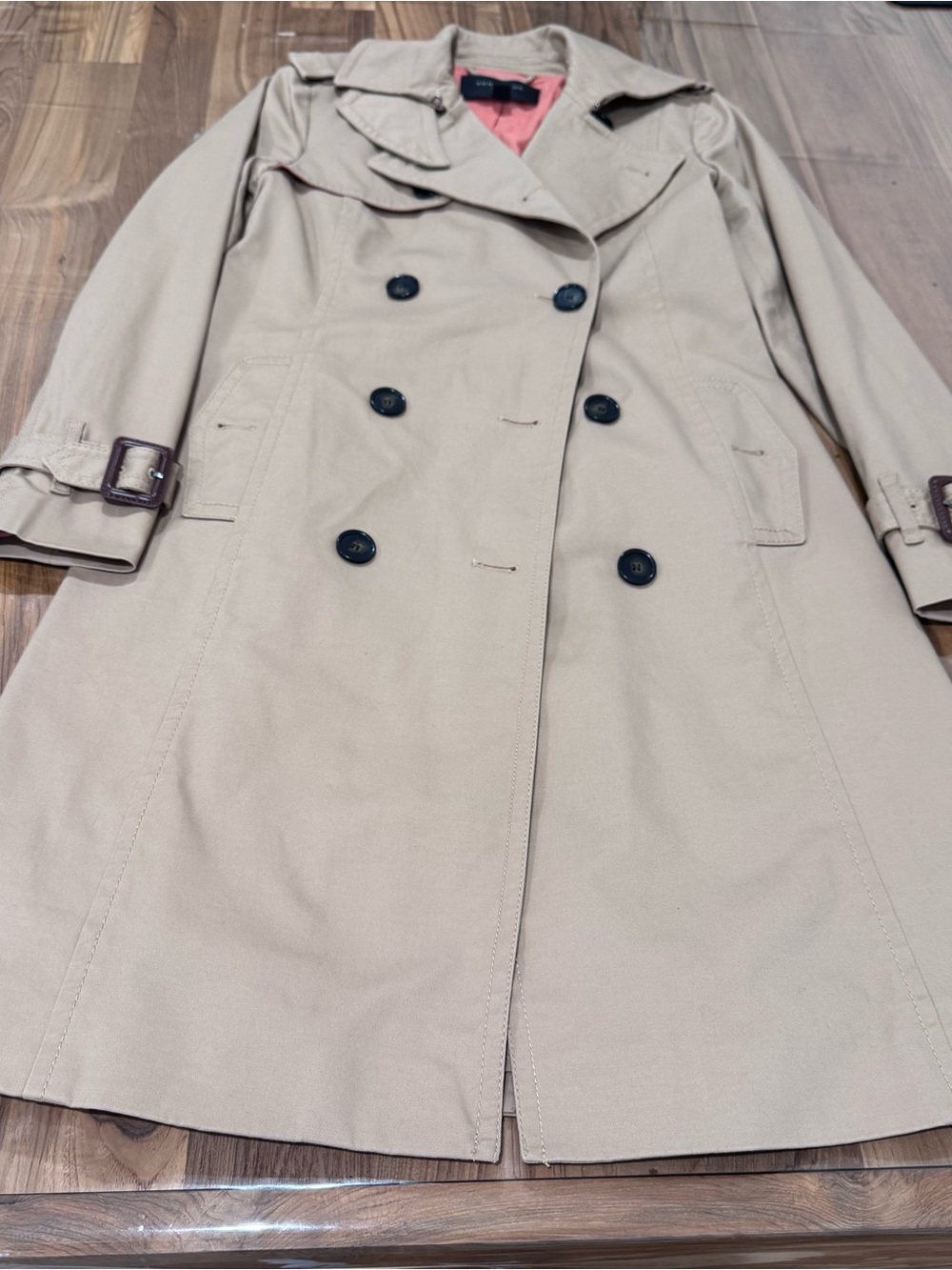Ann Taylor Beige Double-Breasted Trench Coat with Contrast Lining